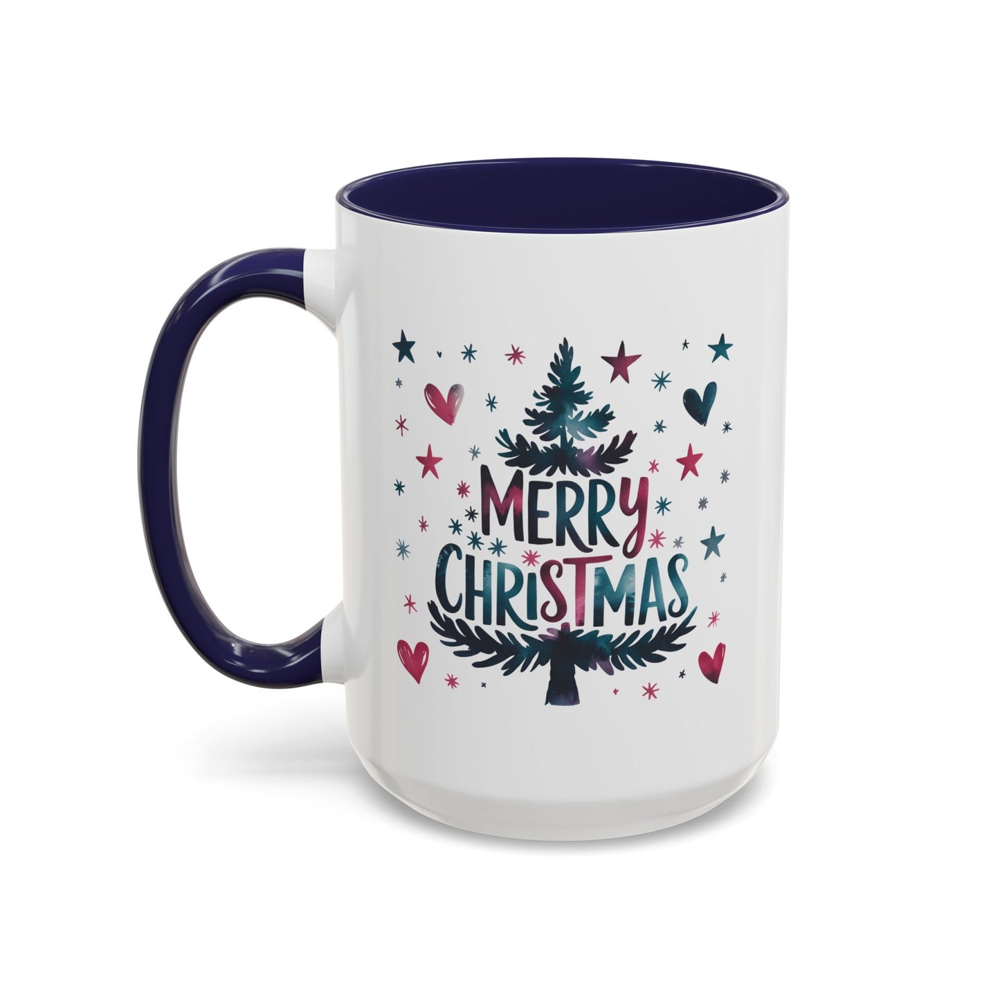 Christmas Mug - Merry Christmas Maroon & Blue Text Tree Hearts Stars