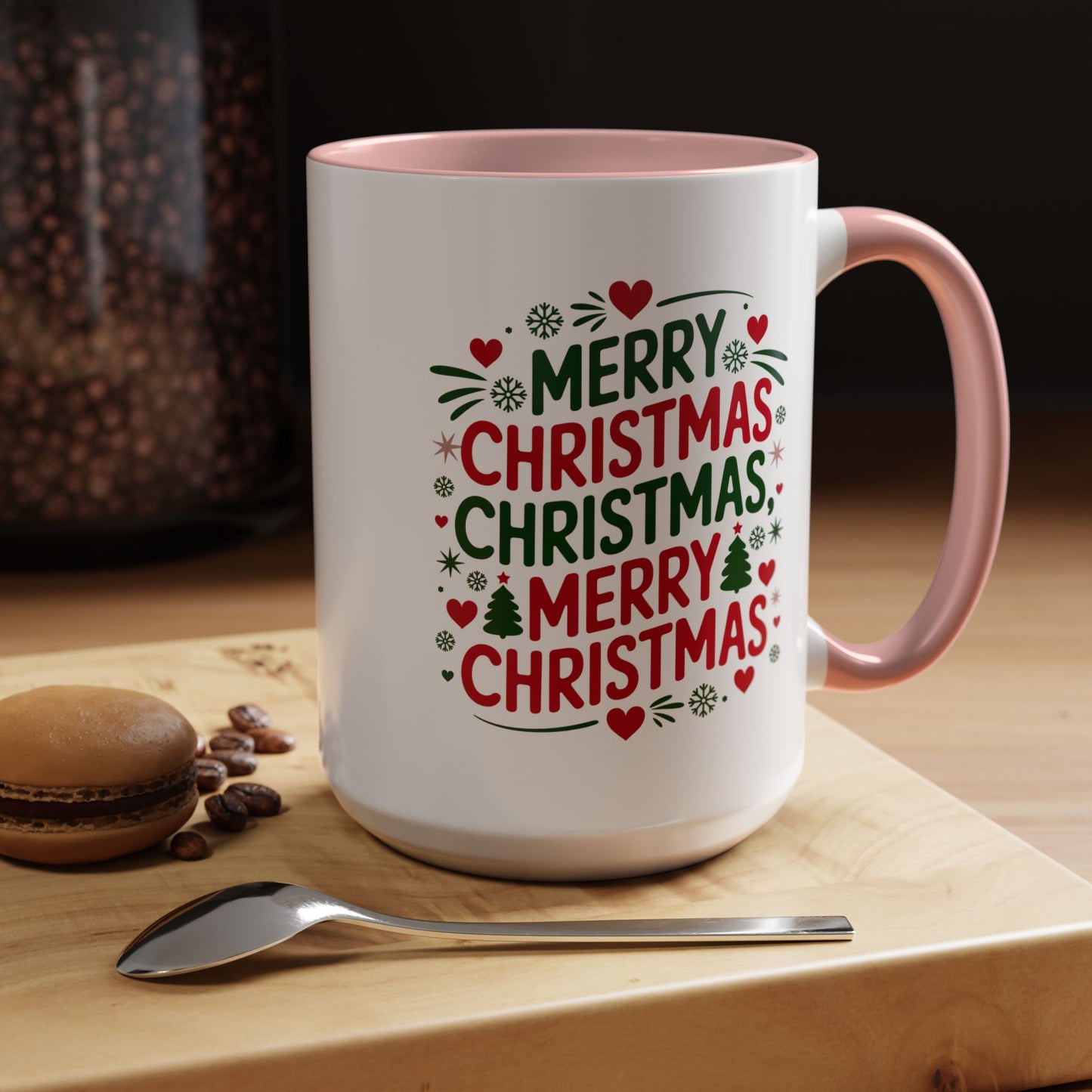 Christmas Mug - Merry Christmas Green & Red Text Trees Hearts Snowflakes Stars