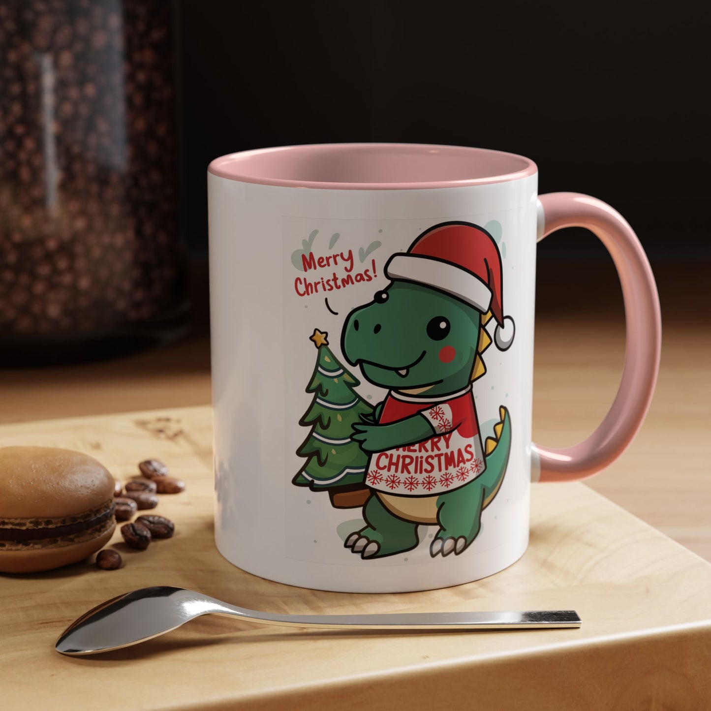 Christmas Mug - Merry Christmas Red Text Dinosaur Tree