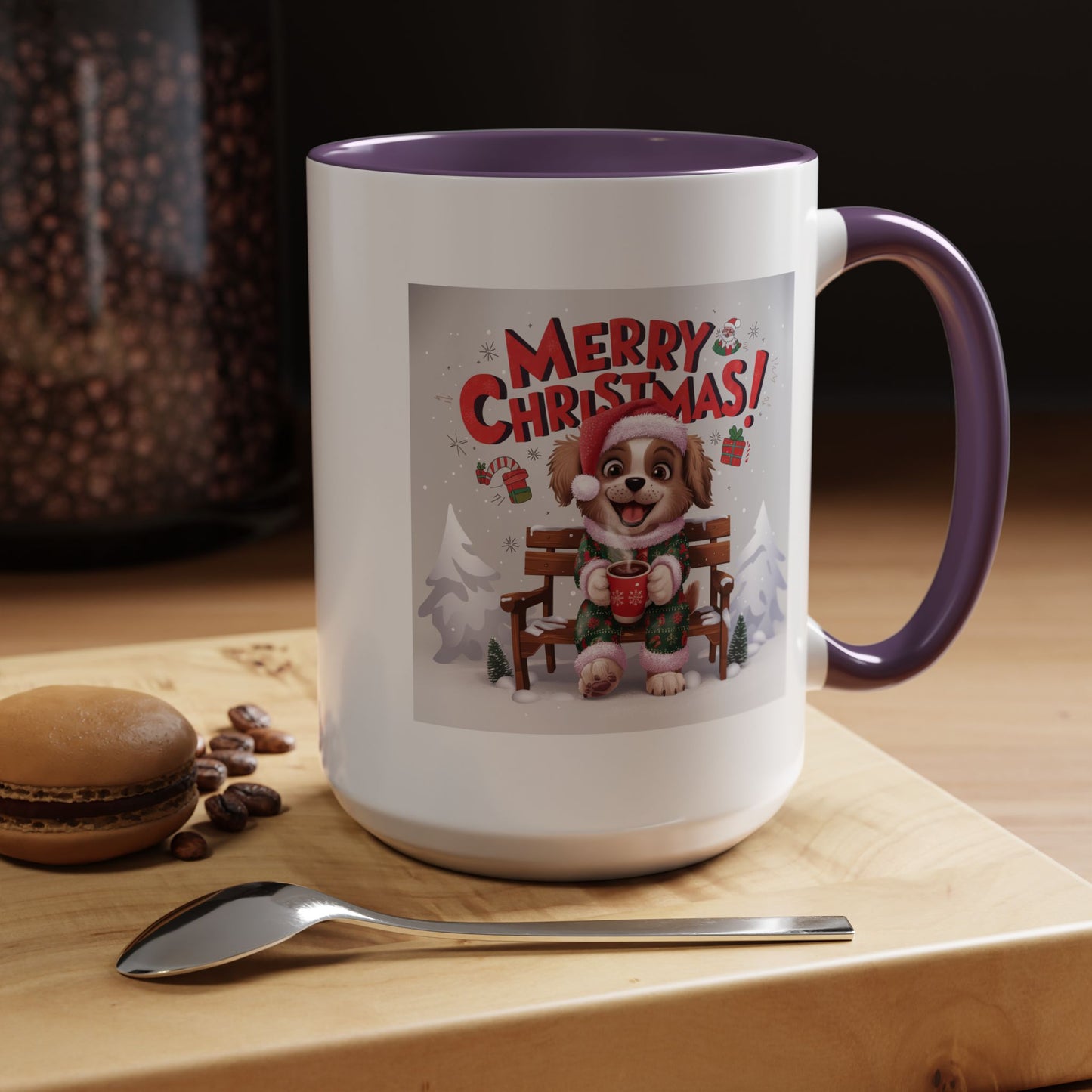 Christmas Mug - Merry Christmas Red Text Puppy Green & Red Top