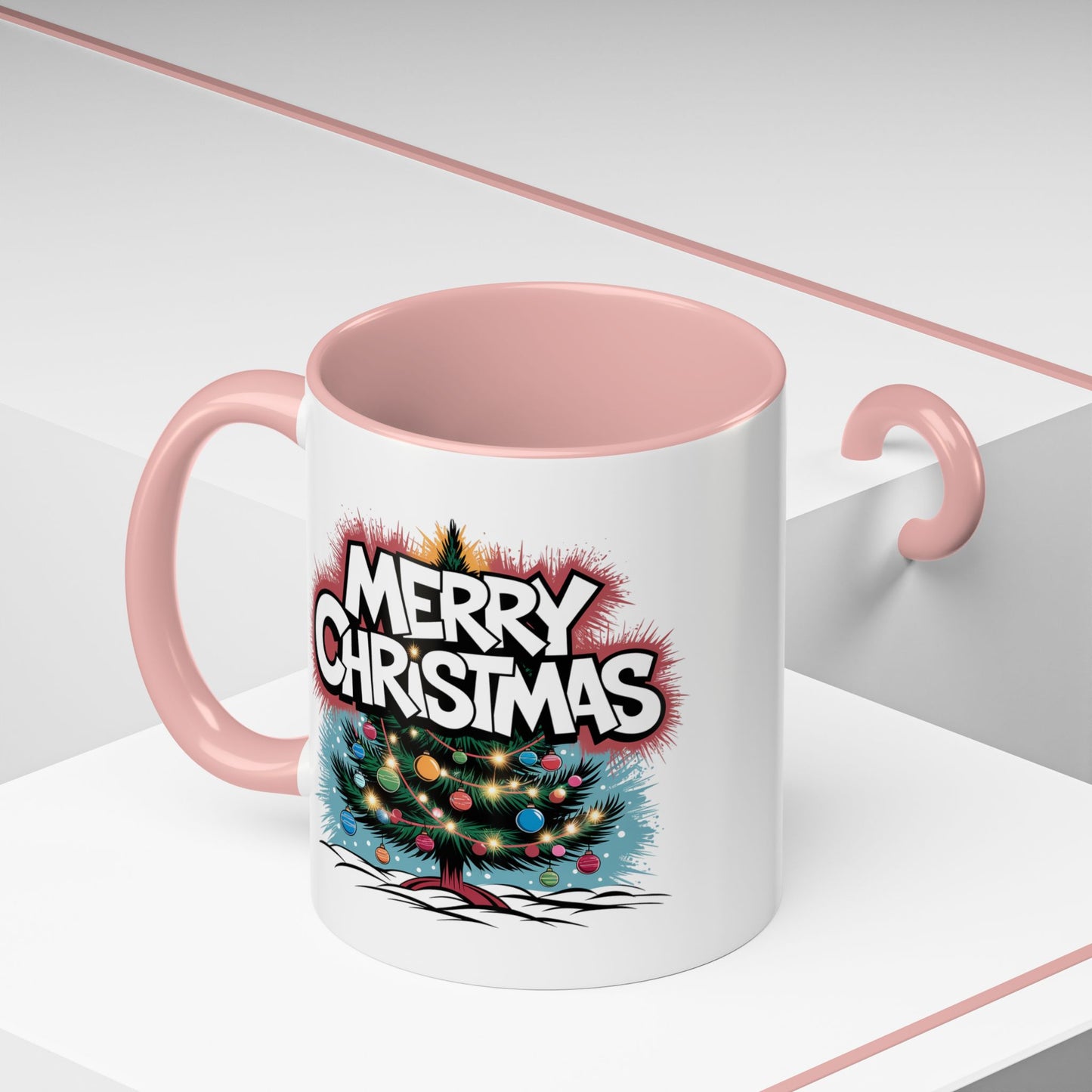 Christmas Mug - Merry Christmas White & Red Text Tree Lights