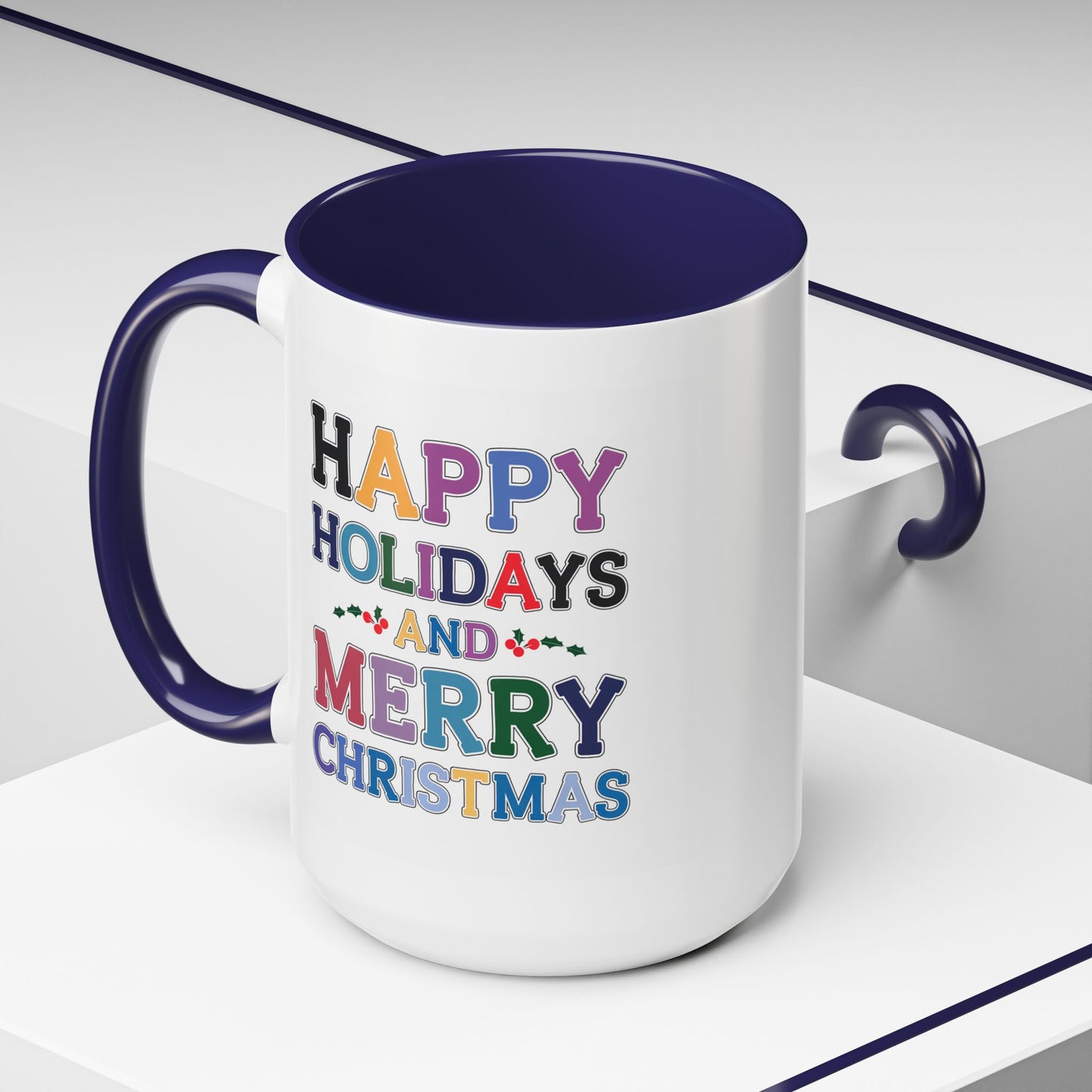 Christmas Mug - Happy Holidays and Merry Christmas Blue Yellow Purple Orange Red Text