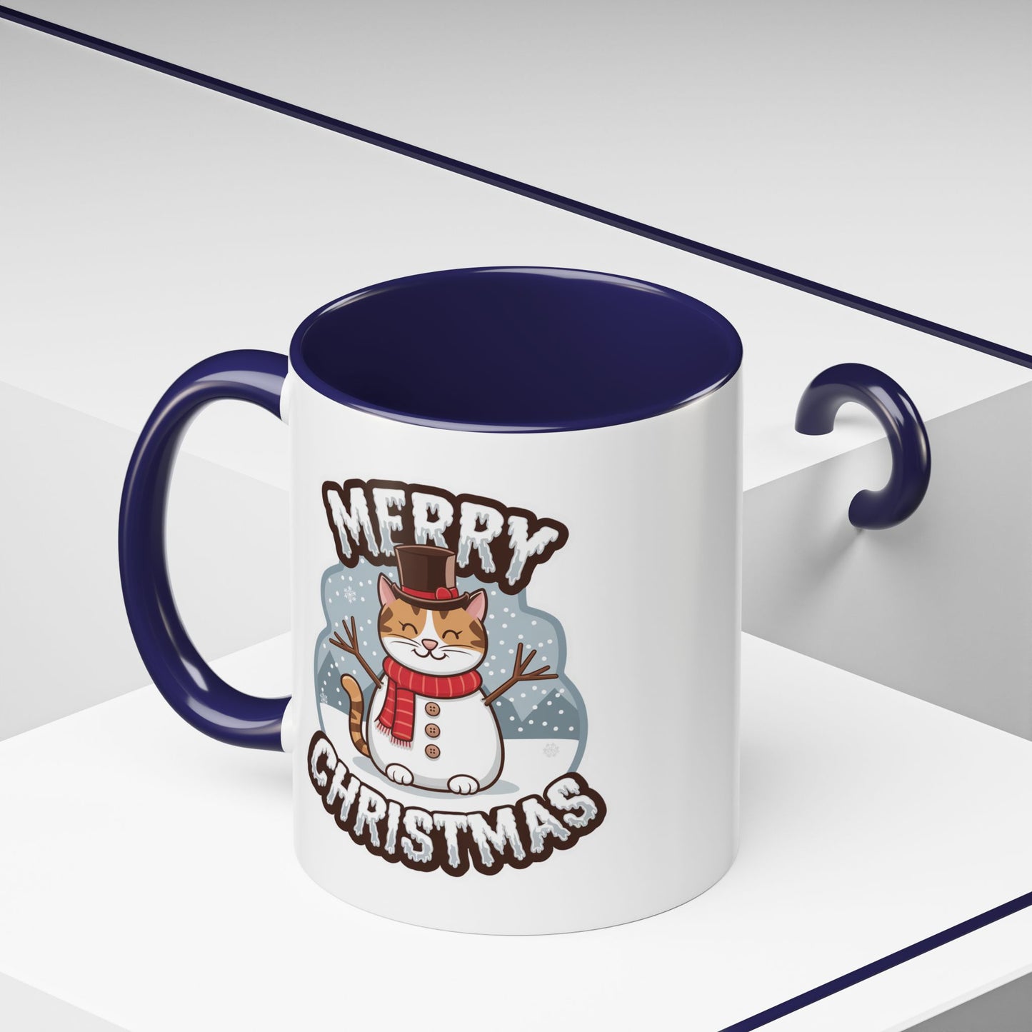 Christmas Mug - Merry Christmas Black & White Text Snowman Cat