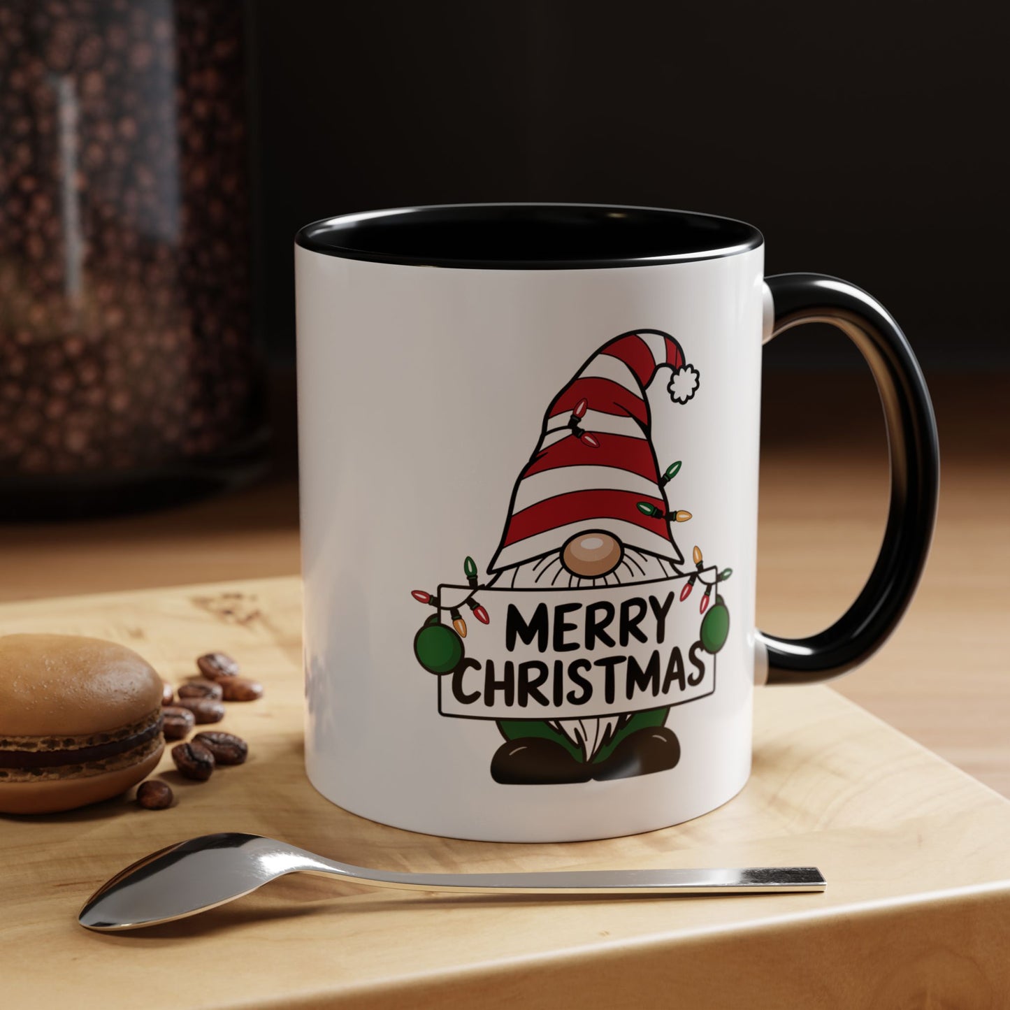 Christmas Mug - Merry Christmas Black Text Gnome Lights