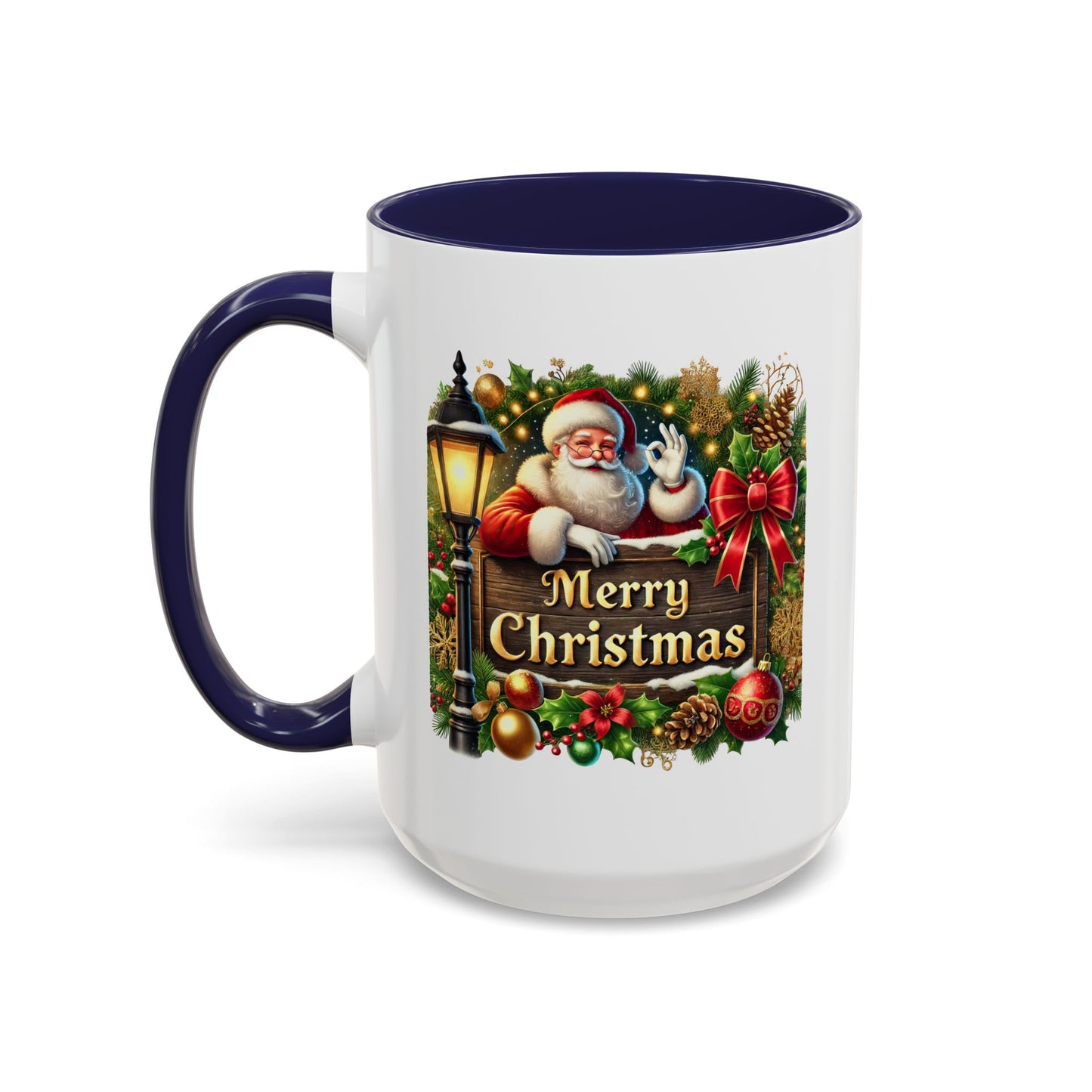Christmas Mug - Merry Christmas Cream Text Santa Ok Light Bow Ornaments