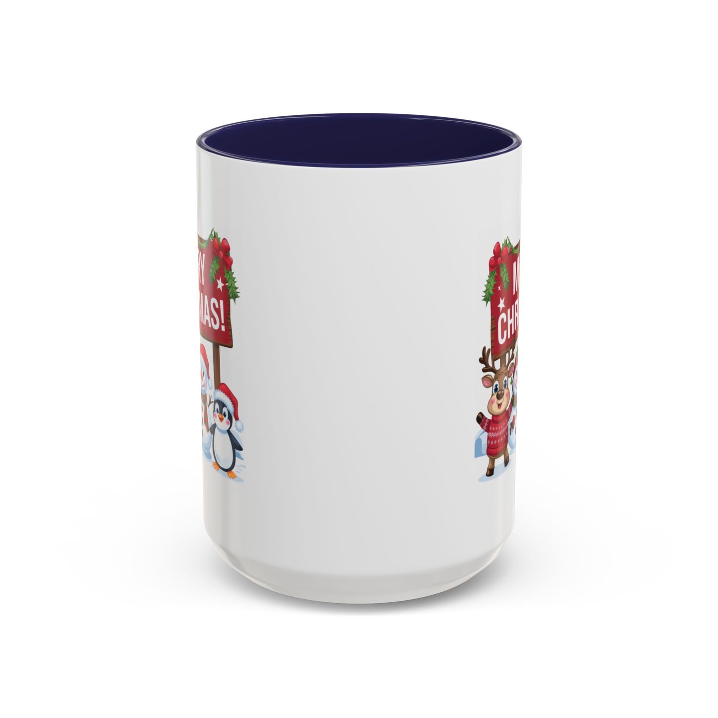 Christmas Mug - Merry Christmas White Text Reindeer Snowmen Penguin