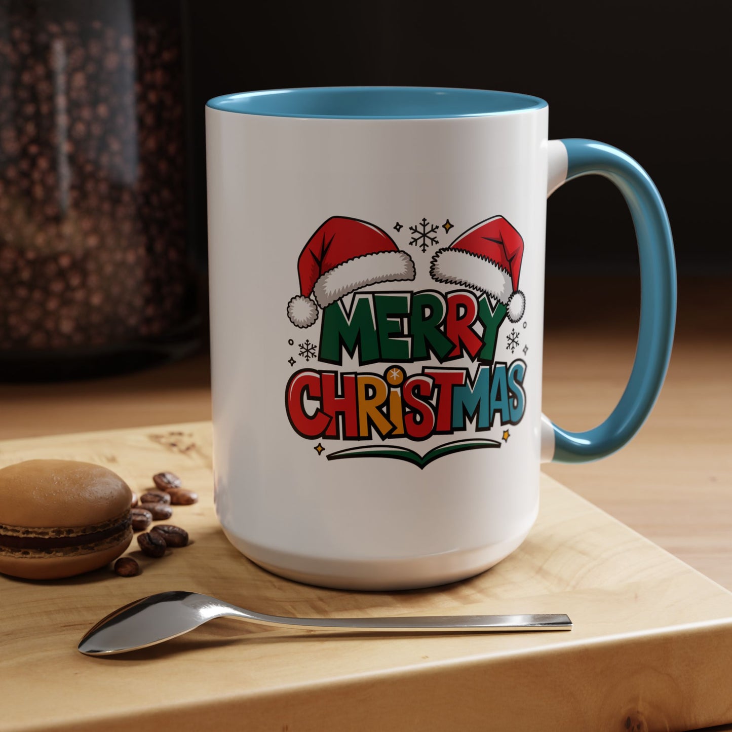 Christmas Mug - Merry Christmas Green Red Yellow and Blue Text Red Hats