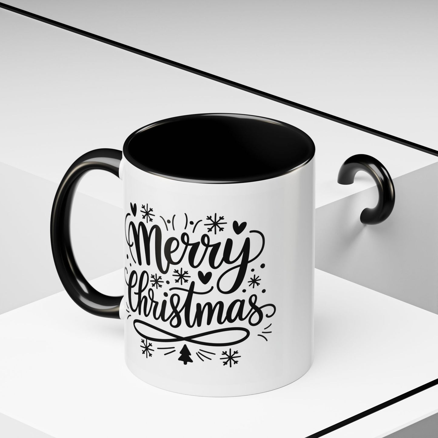 Christmas Mug - Merry Christmas Black Text Tree Snowflakes Hearts