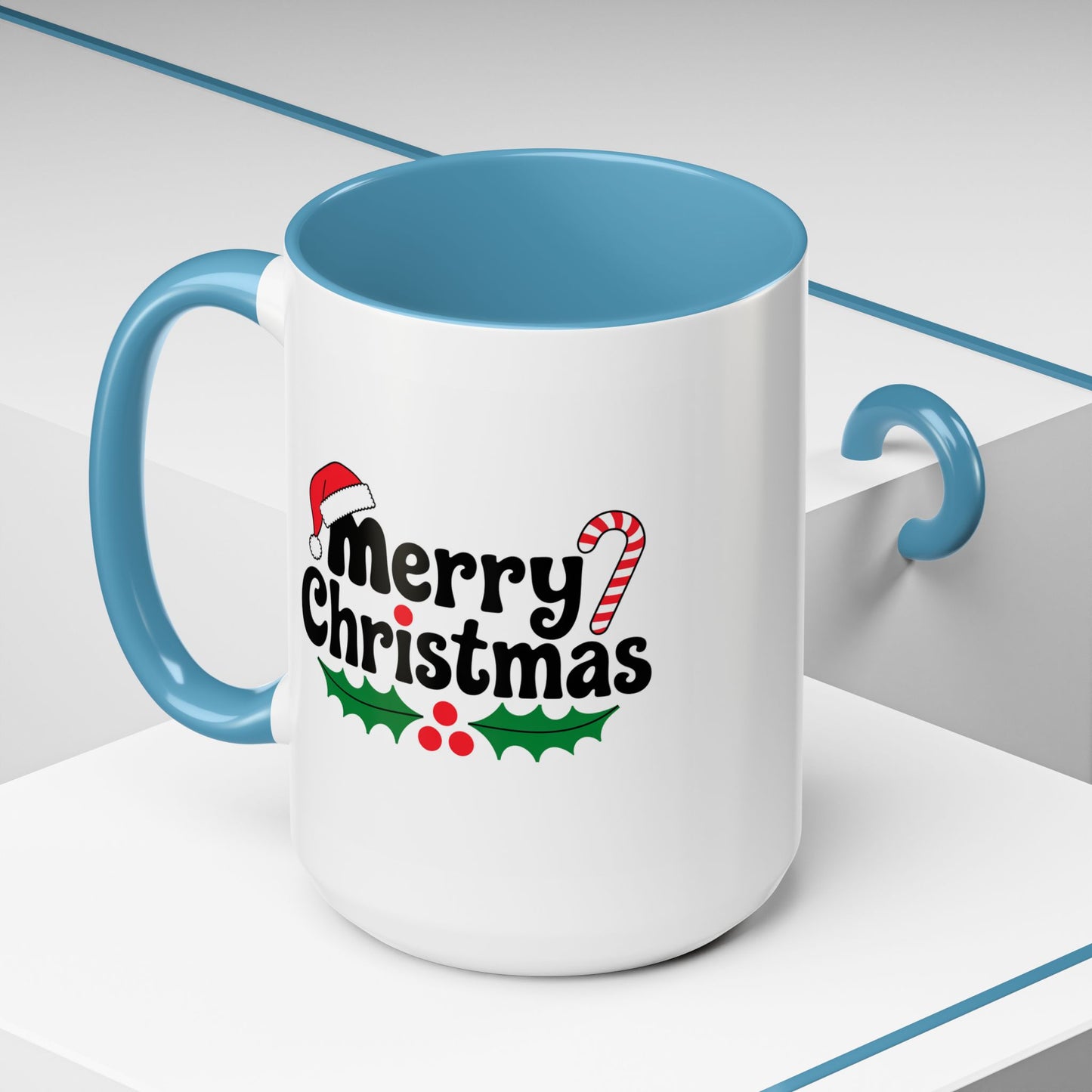 Christmas Mug - Merry Christmas Black Text Hat Candy Cane Mistletoe