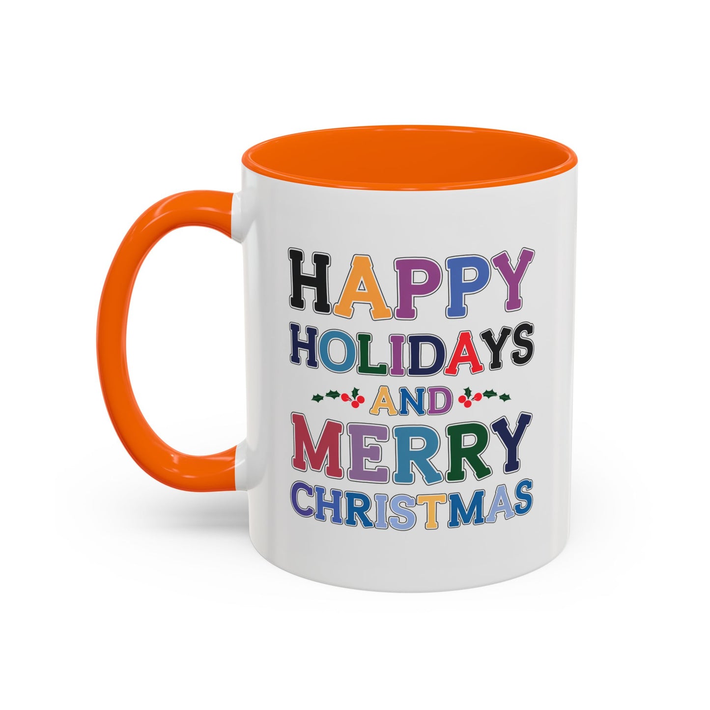 Christmas Mug - Happy Holidays and Merry Christmas Blue Yellow Purple Orange Red Text