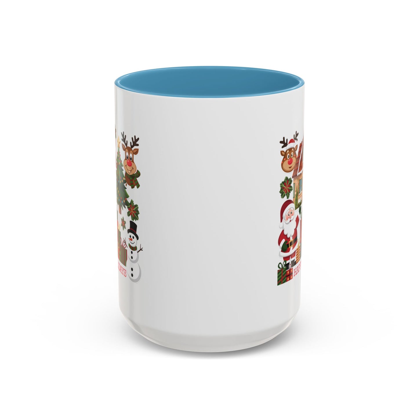 Christmas Mug - Happy Holidays Red Text Reindeer Santa Snowman Presents