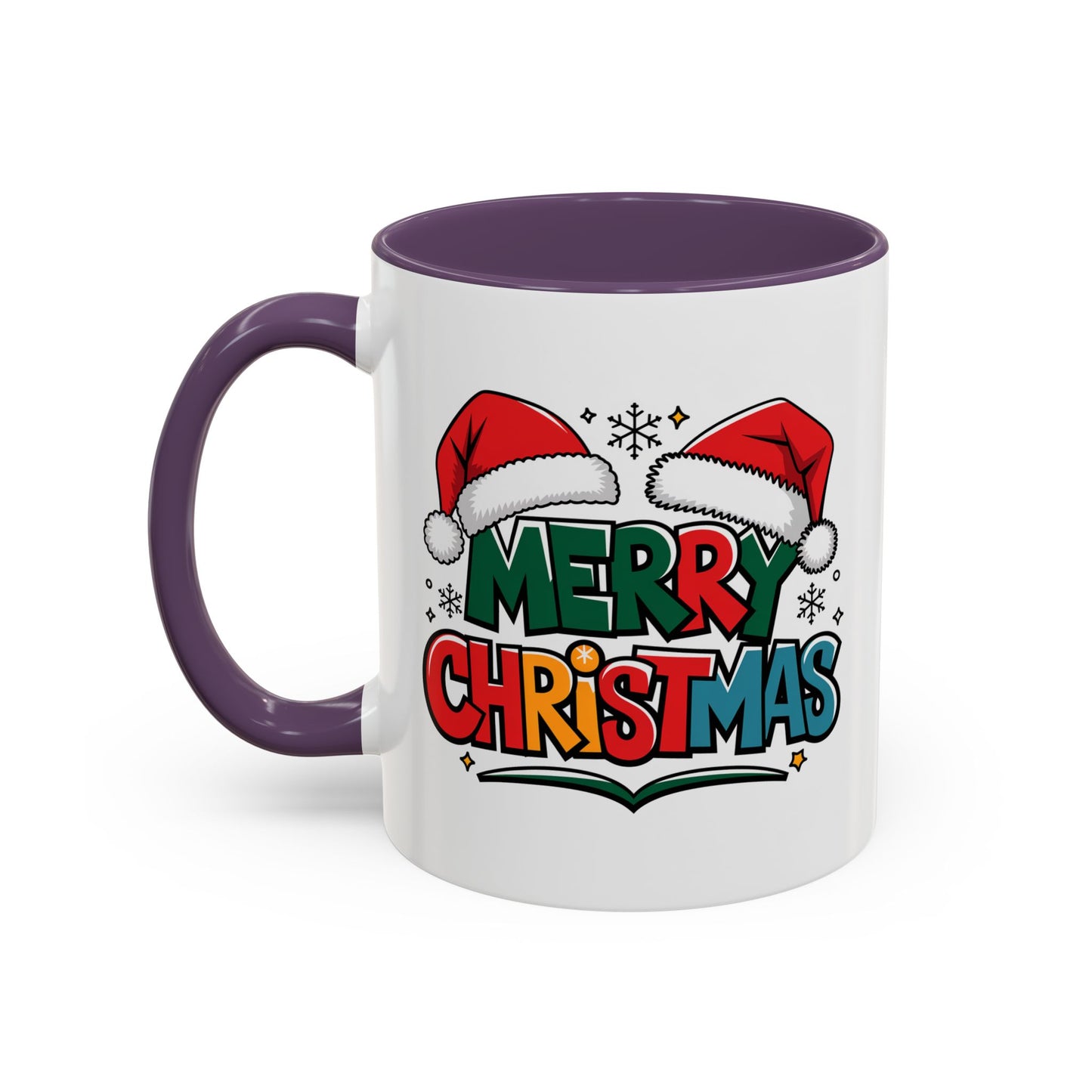 Christmas Mug - Merry Christmas Green Red Yellow and Blue Text Red Hats