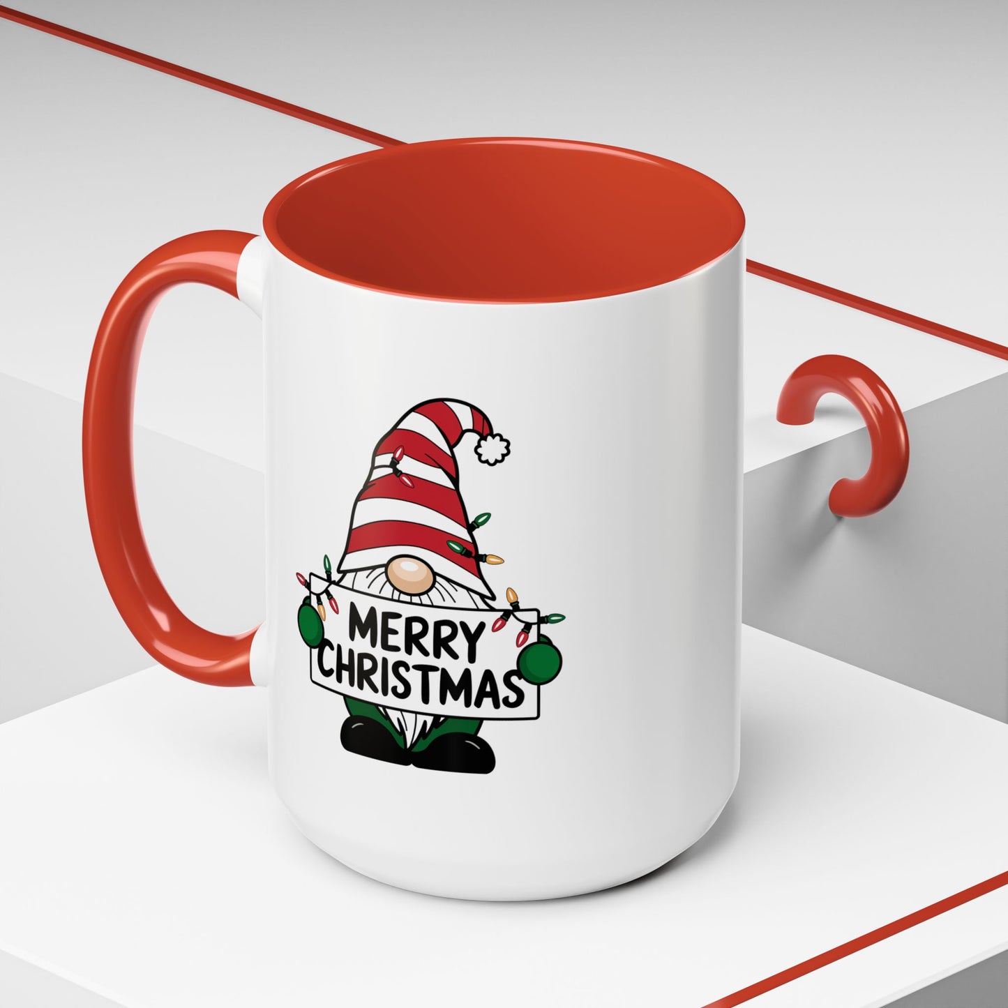 Christmas Mug - Merry Christmas Black Text Gnome Lights