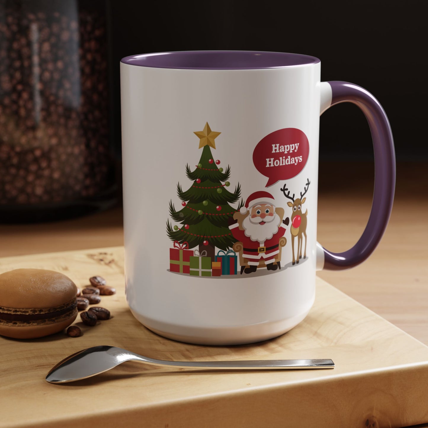 Christmas Mug - Happy Holidays Callout Santa Tree Presents Reindeer