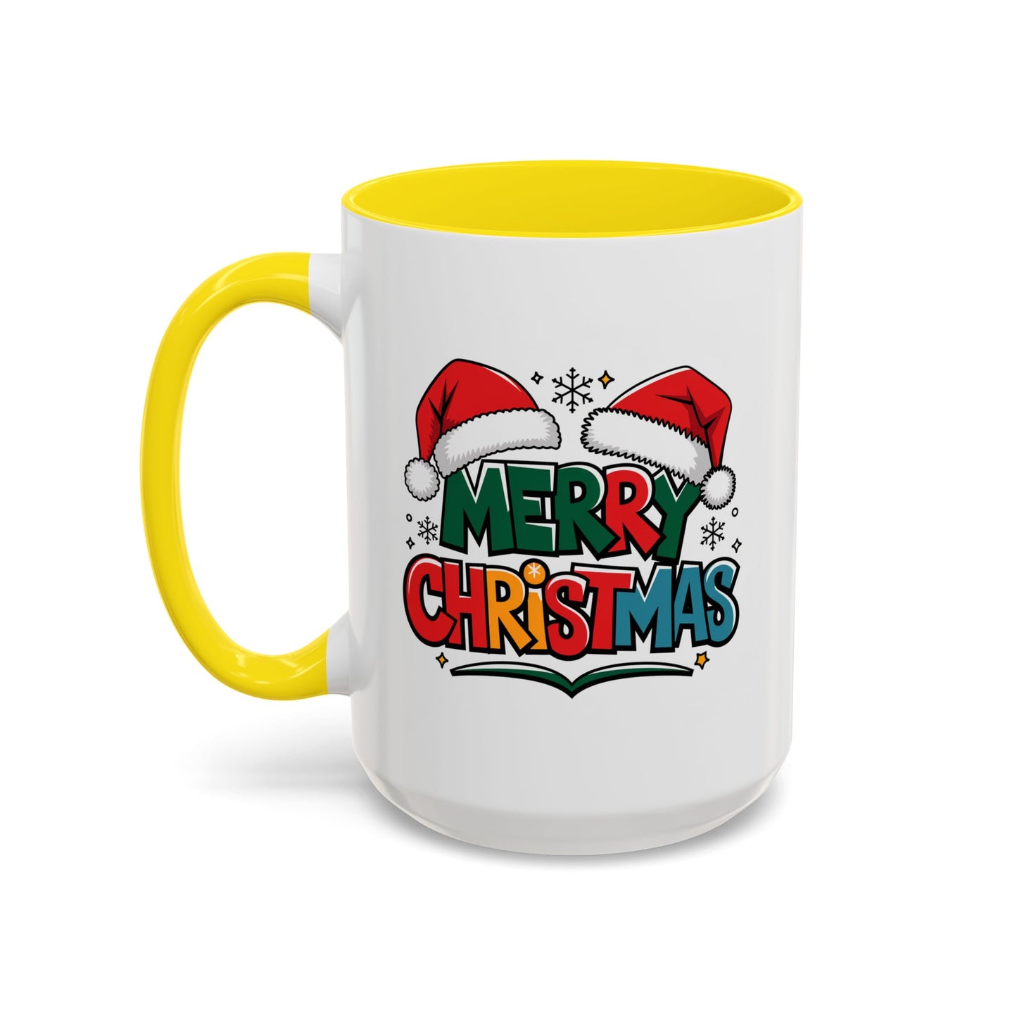 Christmas Mug - Merry Christmas Green Red Yellow and Blue Text Red Hats