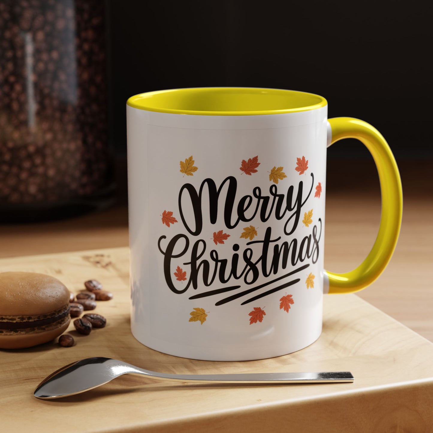 Christmas Mug - Merry Christmas Black Text Fall Leaves