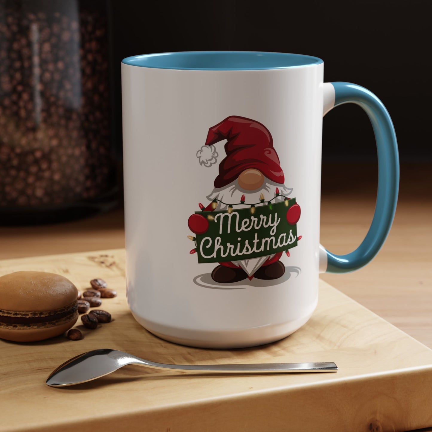 Christmas Mug - Merry Christmas White & Green Text Gnome Lights