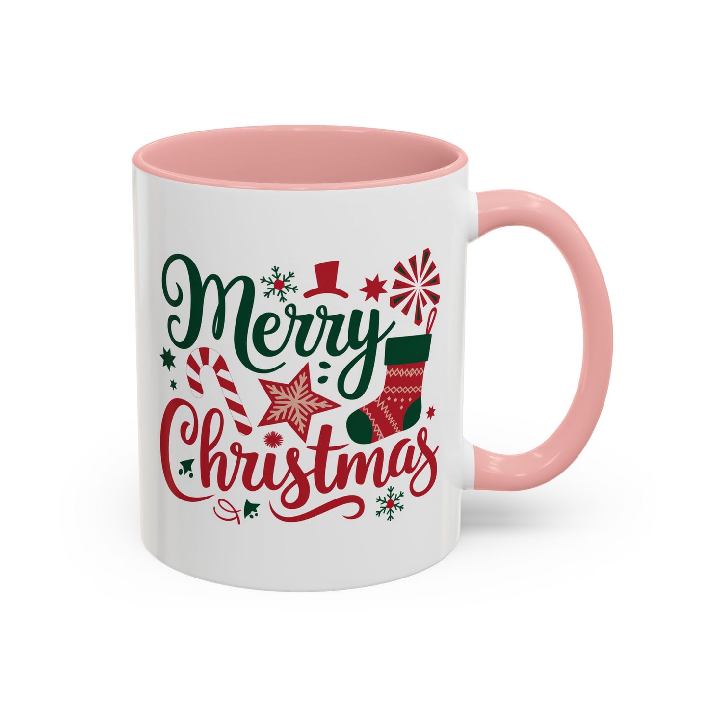 Christmas Mug - Merry Christmas Green & Red Text Star Candy Cane Stocking Snowflake