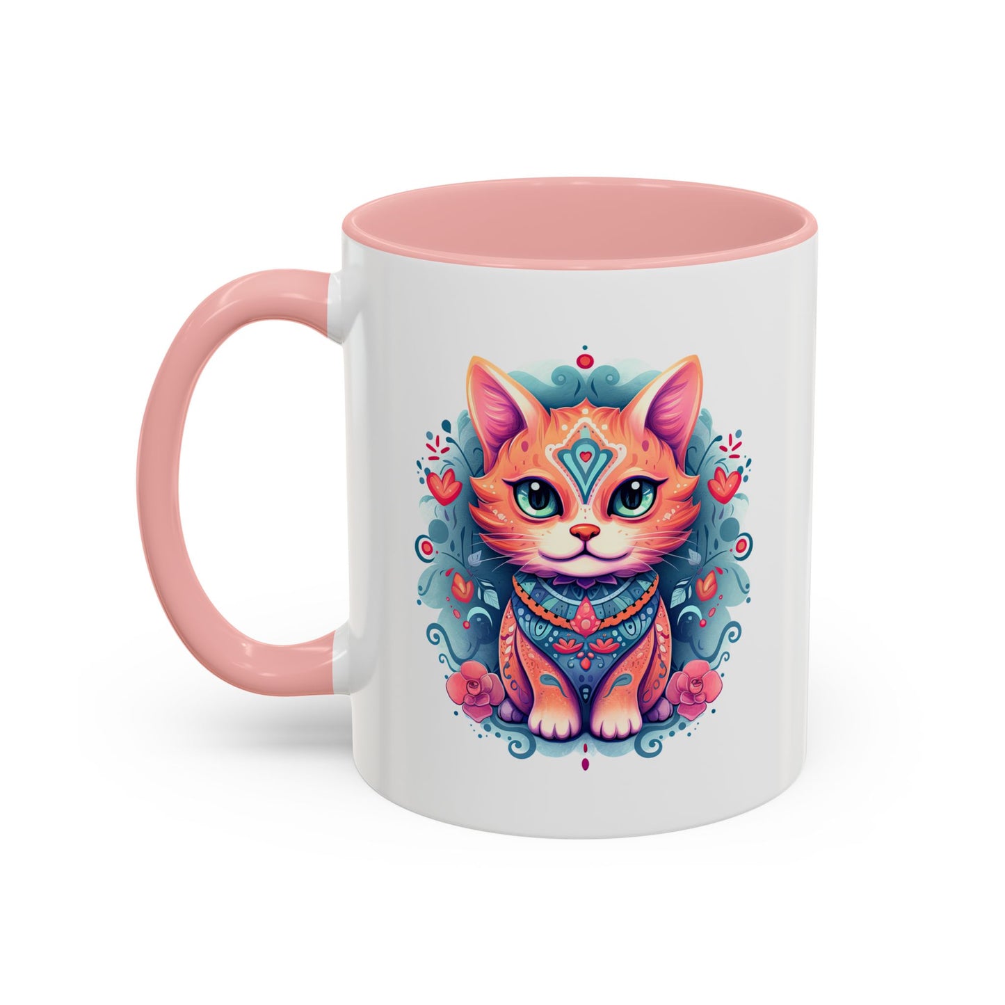 Animal  - Mystic Cat Turquoise & Coral Flowers