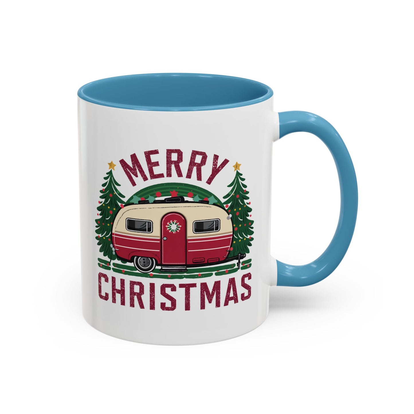 Christmas Mug - Merry Christmas Maroon Text Camper Trees