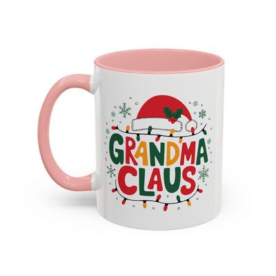 Christmas Mug - Grandma Claus Green Yellow & Red Text Hat Lights Stars