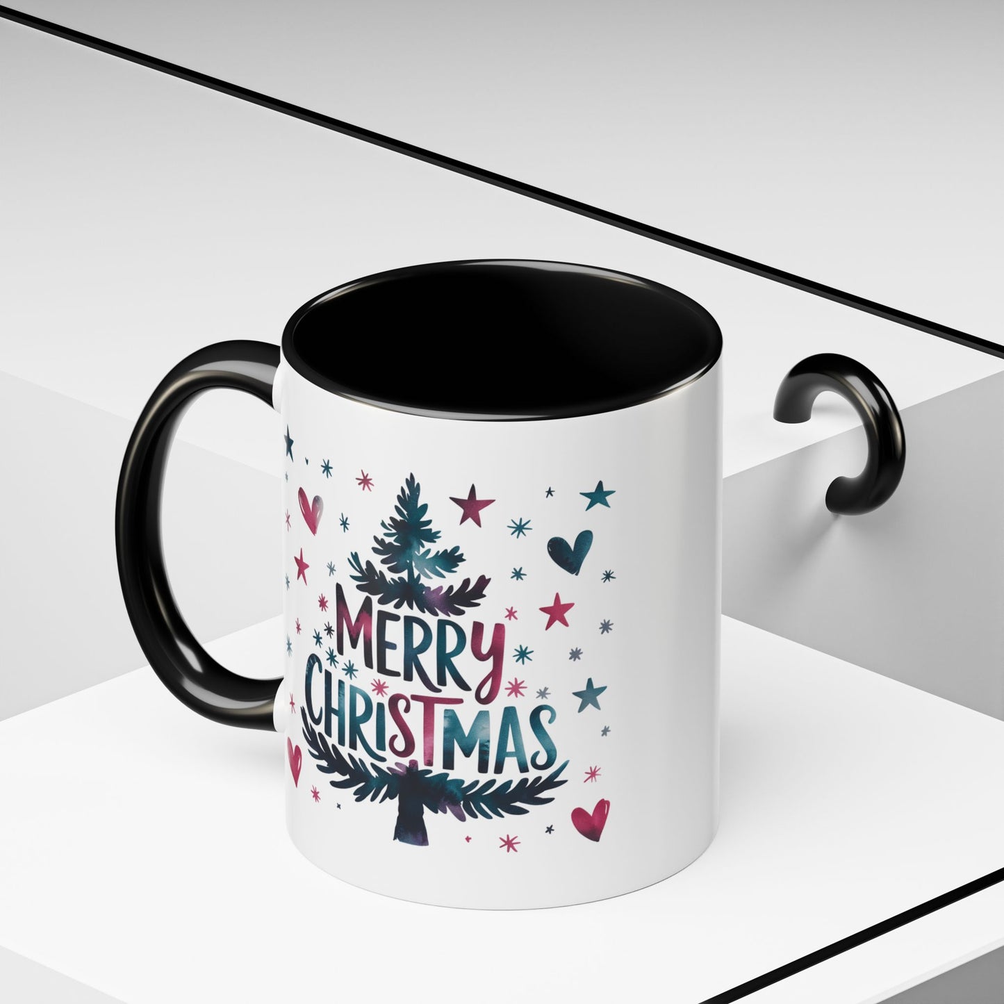 Christmas Mug - Merry Christmas Maroon & Blue Text Tree Hearts Stars