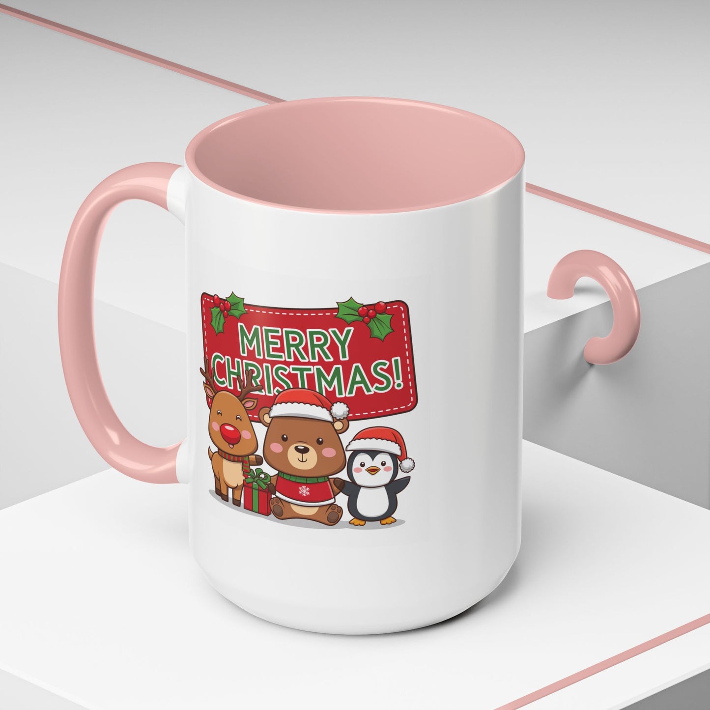 Christmas Mug - Green Text Red Banner Reindeer Bear Penguin