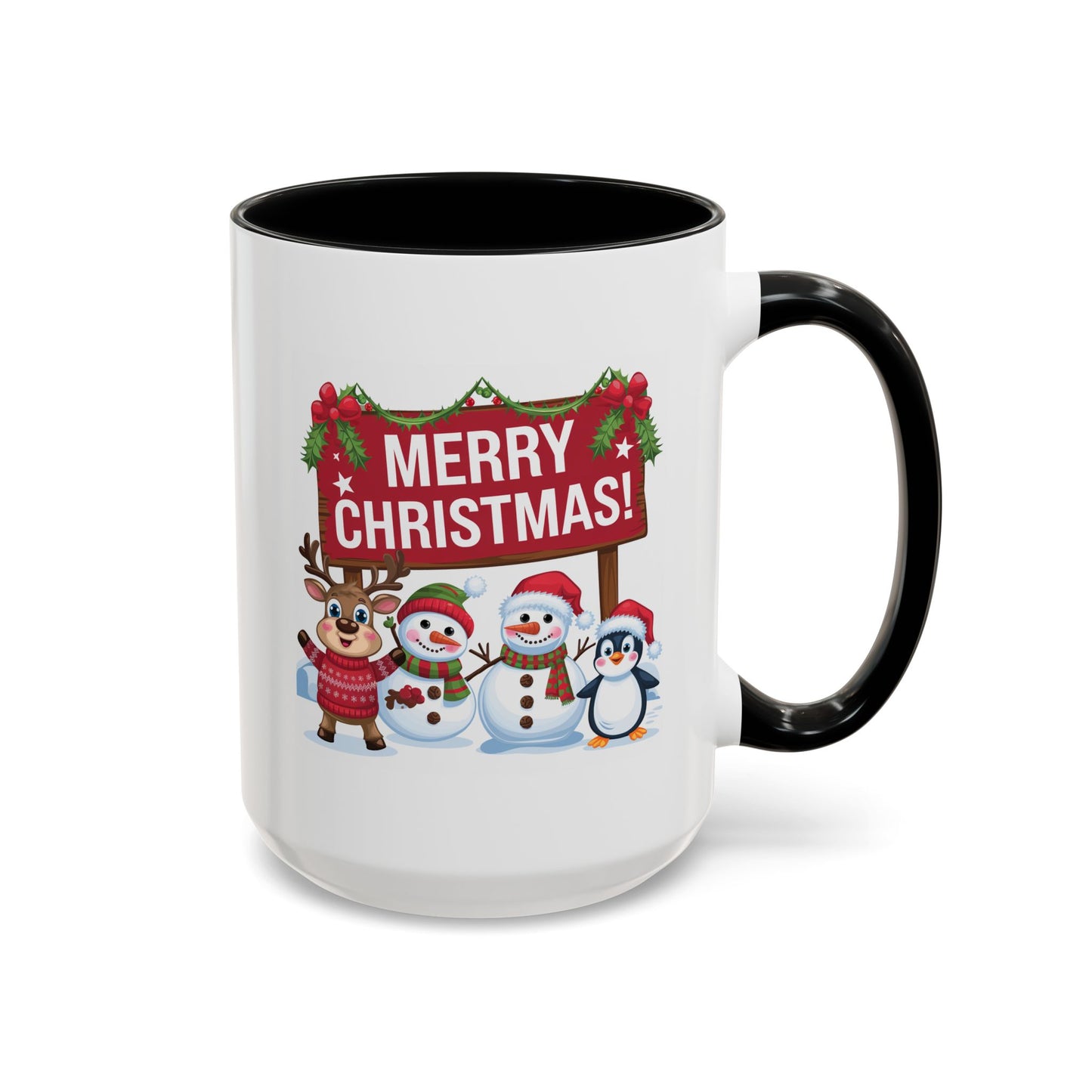 Christmas Mug - Merry Christmas White Text Reindeer Snowmen Penguin