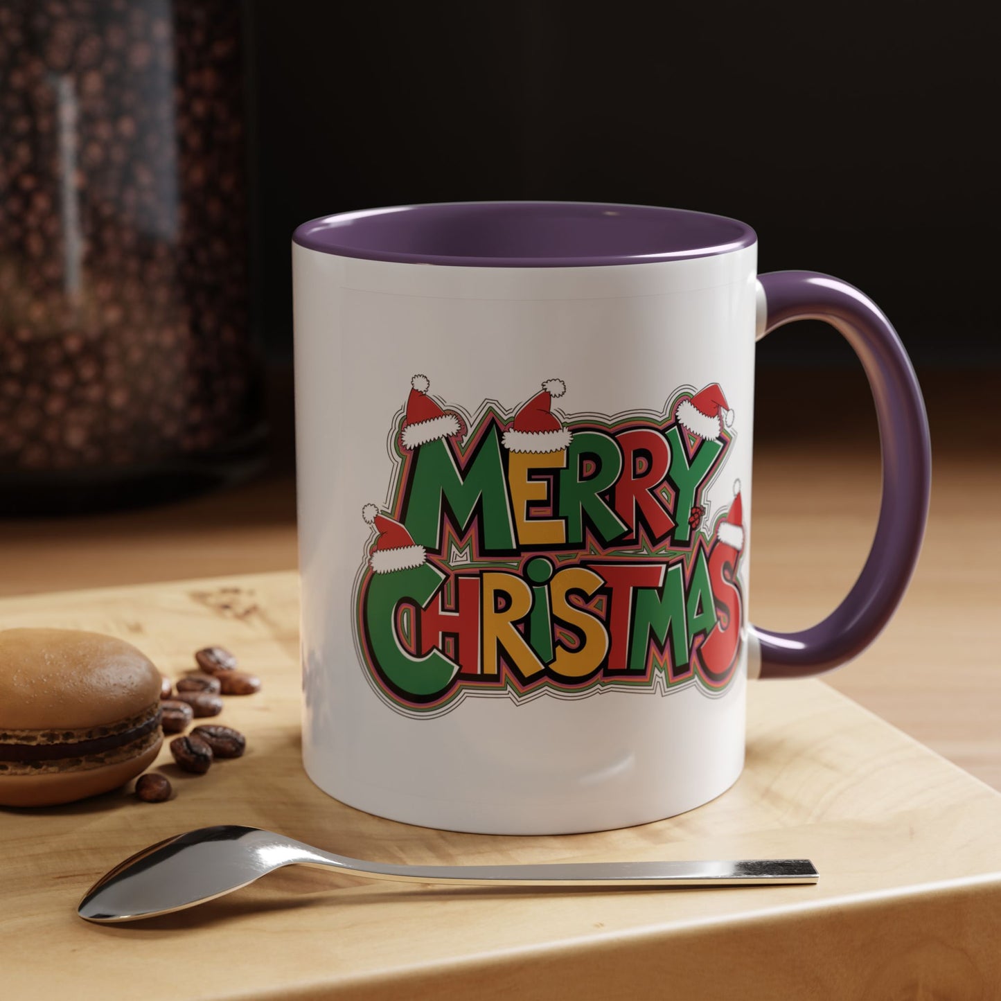 Christmas Mug - Merry Christmas Green Yellow & Red Text Hats