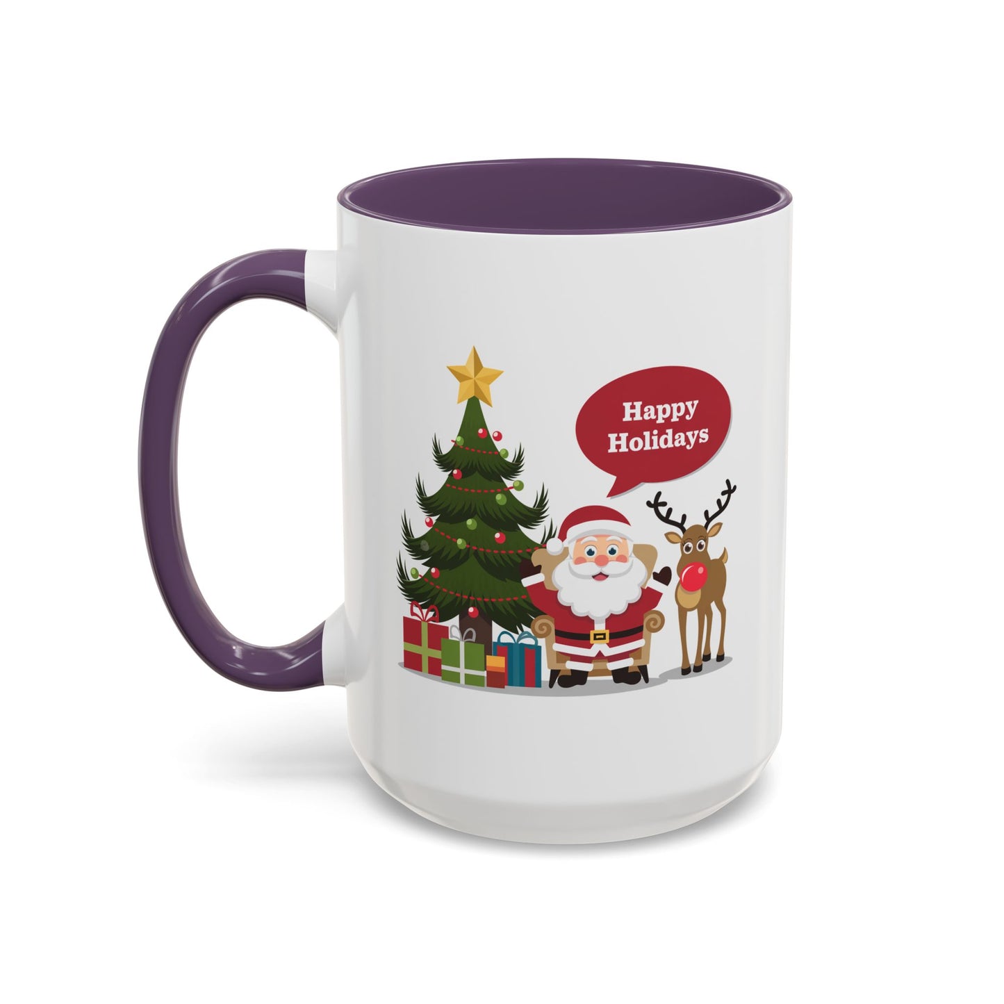 Christmas Mug - Happy Holidays Callout Santa Tree Presents Reindeer