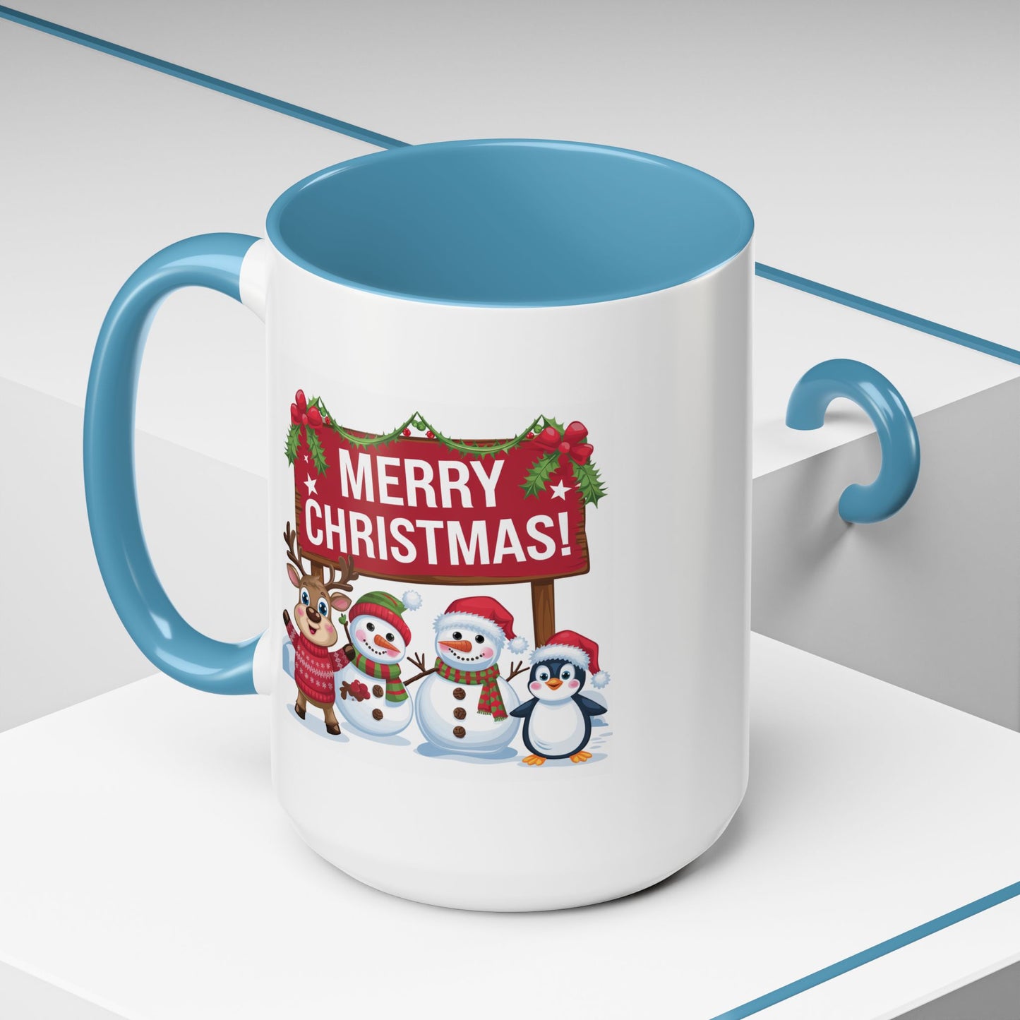Christmas Mug - Merry Christmas White Text Reindeer Snowmen Penguin