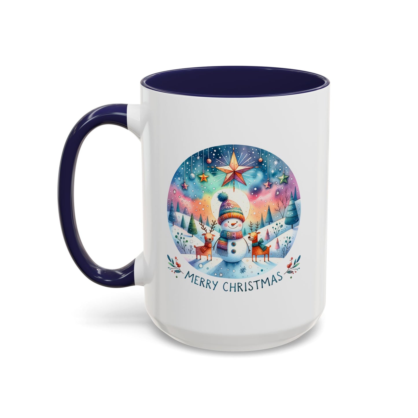 Christmas Mug - Merry Christmas Blue Text Snowman Star Reindeer