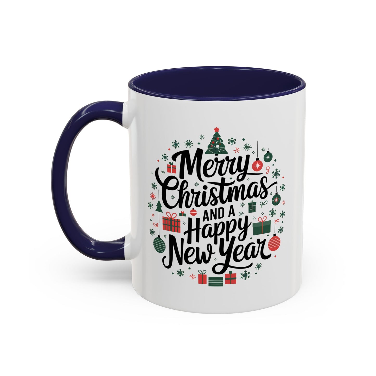 Christmas Mug - Merry Christmas and a Happy New Year Black Text Tree Ornaments Presents