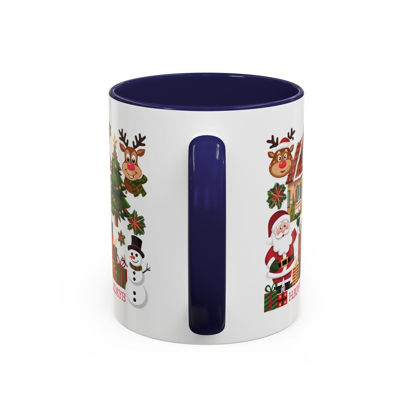 Christmas Mug - Happy Holidays Red Text Reindeer Santa Snowman Presents