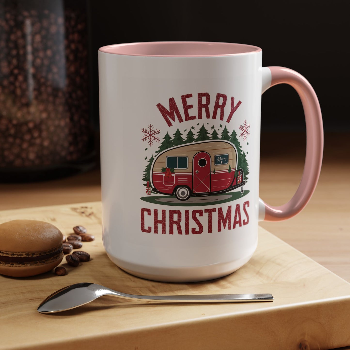 Christmas Mug - Merry Christmas Maroon Text Camper Trees Snowflakes