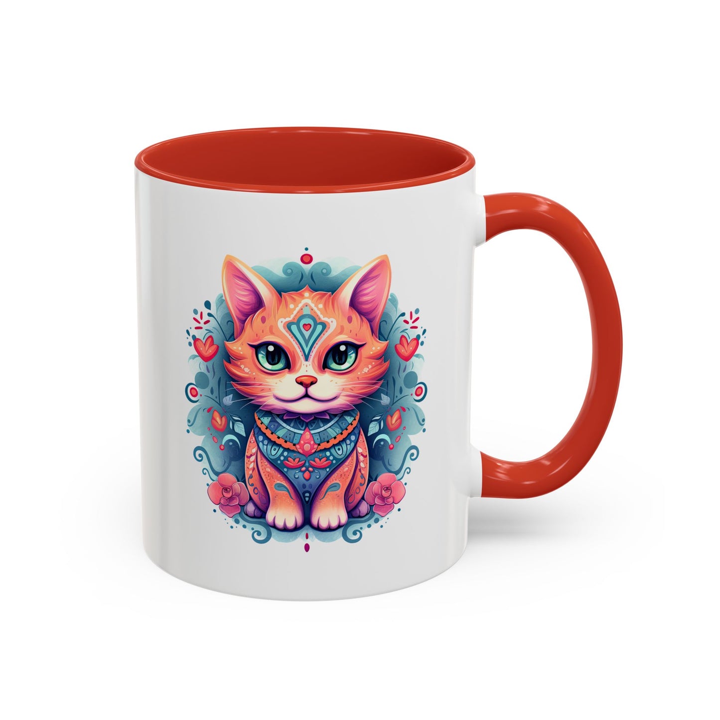 Animal  - Mystic Cat Turquoise & Coral Flowers
