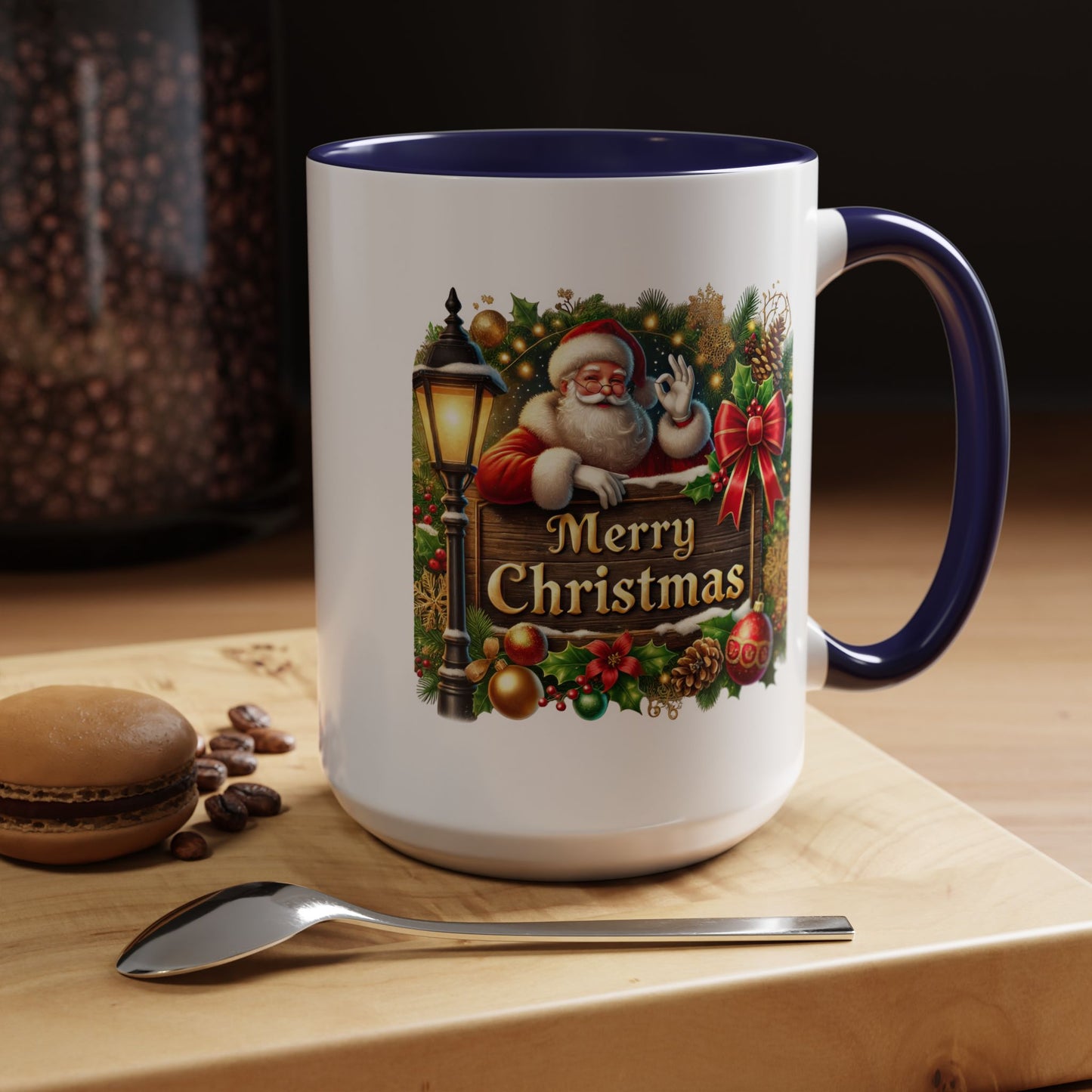 Christmas Mug - Merry Christmas Cream Text Santa Ok Light Bow Ornaments