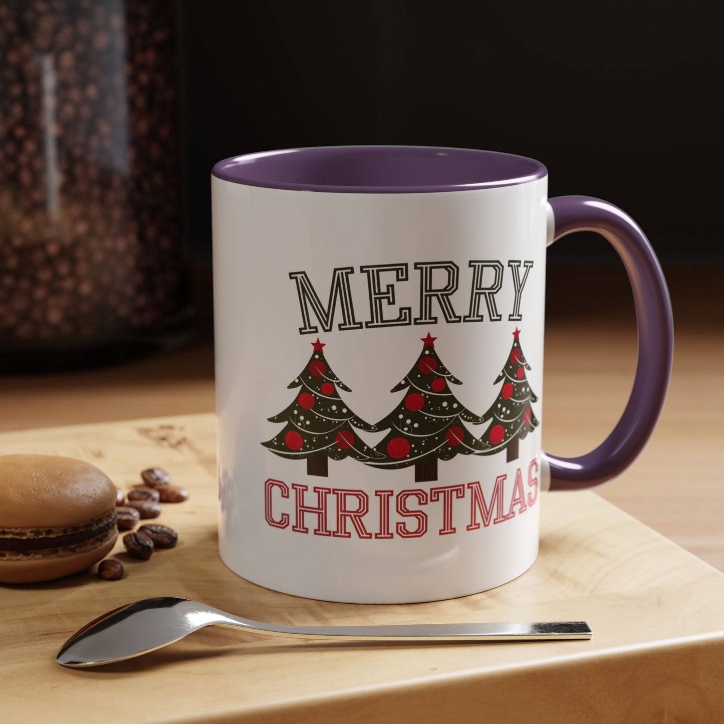 Christmas Mug - Merry Christmas Green & Red Text Decorative Trees