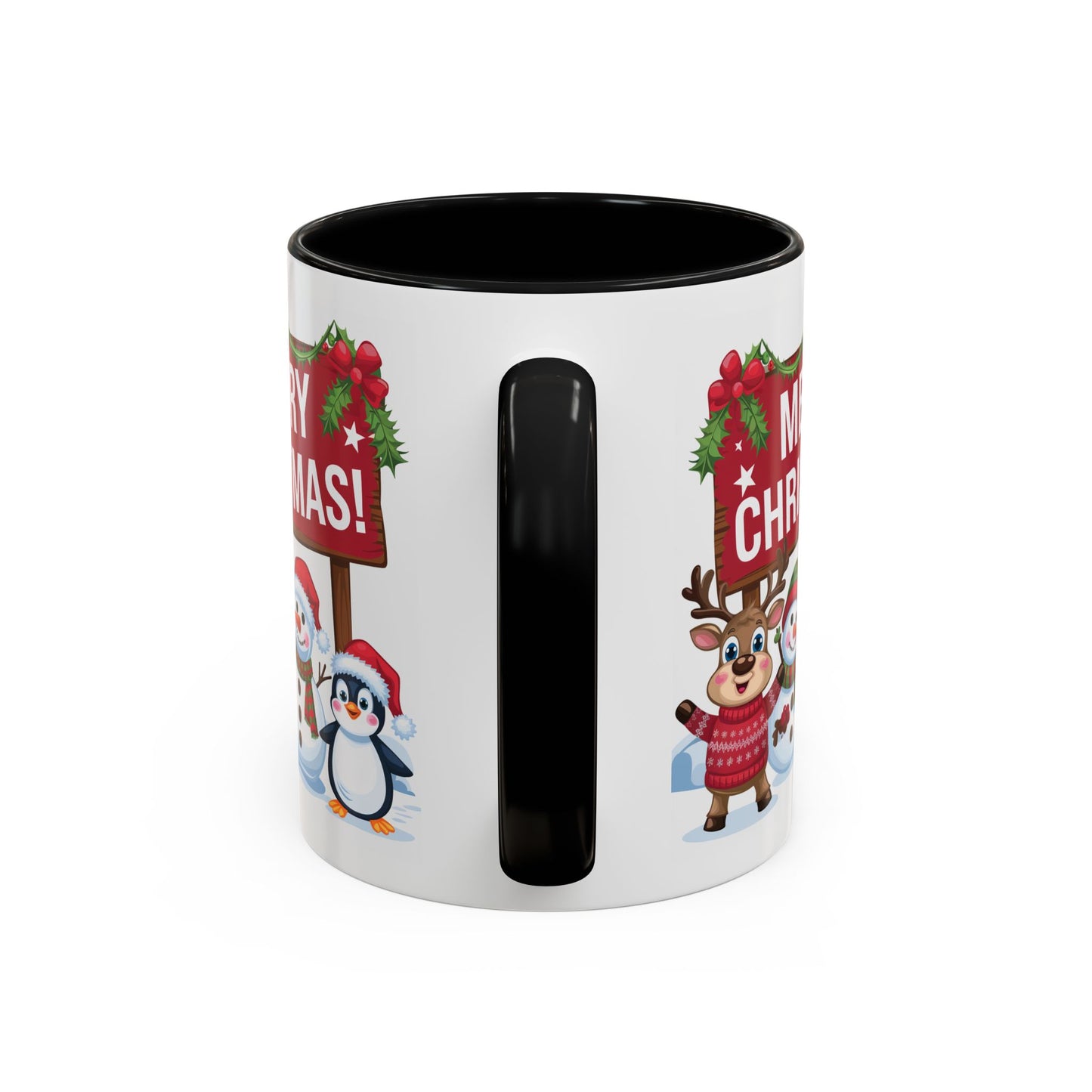 Christmas Mug - Merry Christmas White Text Reindeer Snowmen Penguin