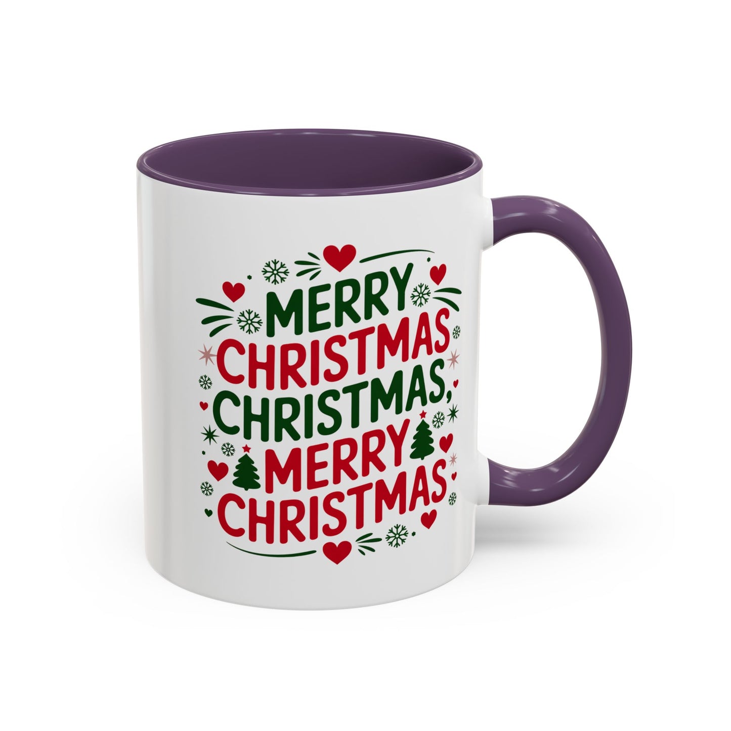 Christmas Mug - Merry Christmas Green & Red Text Trees Hearts Snowflakes Stars