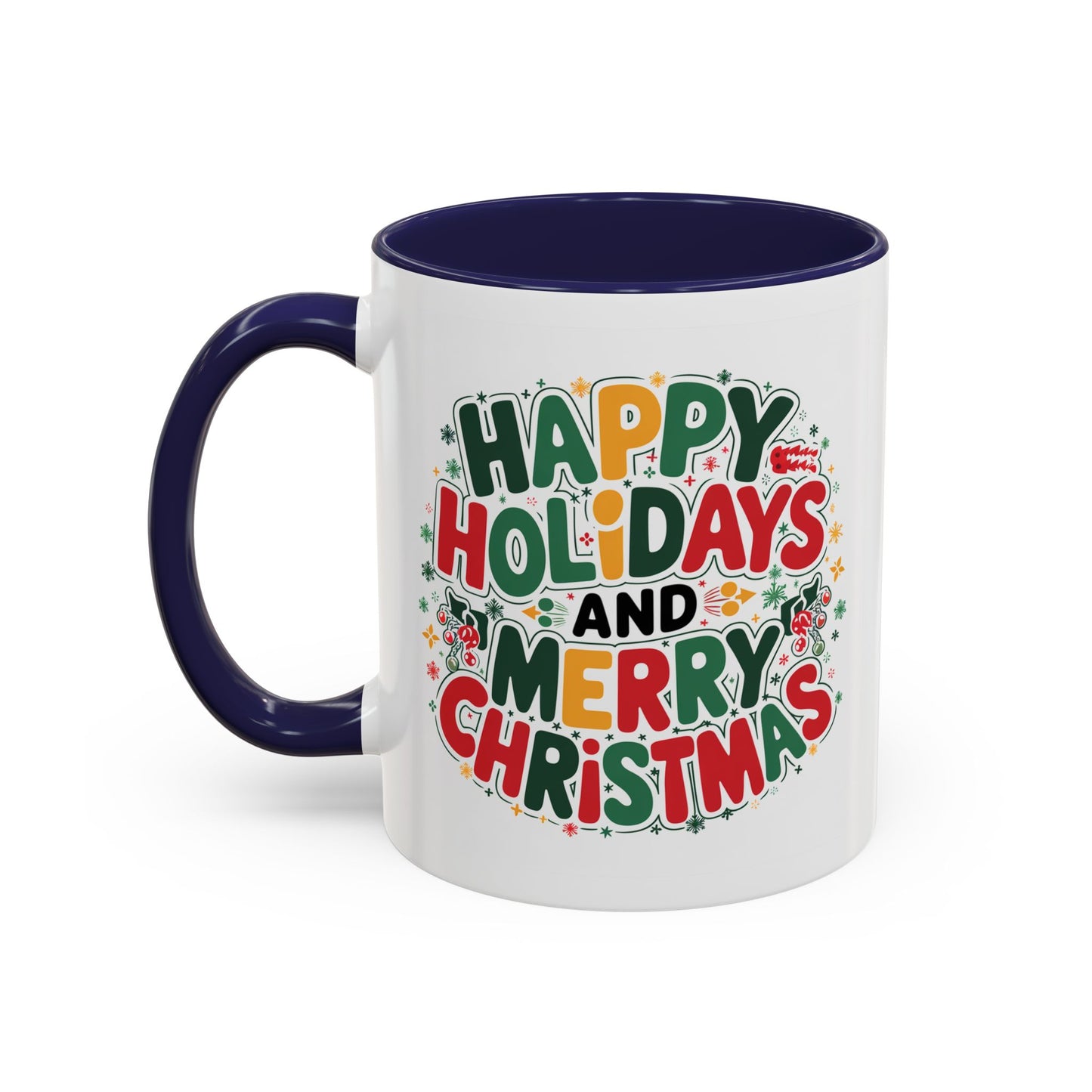 Christmas Mug - Happy Holidays and Merry Christmas Blue Green Yellow Red Text