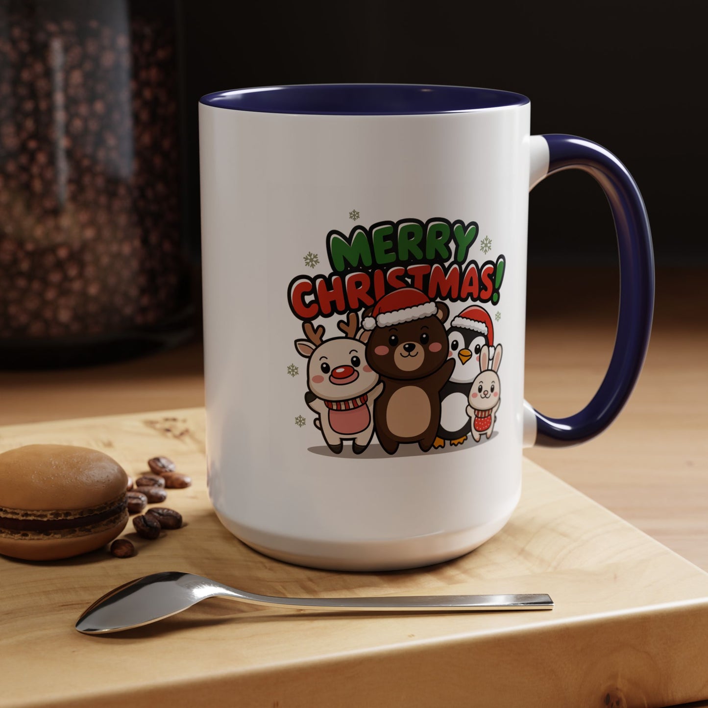 Christmas Mug - Merry Christmas Green & Red Text Cute Animals