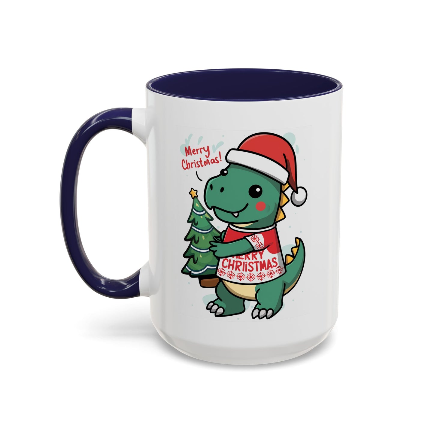 Christmas Mug - Merry Christmas Red Text Dinosaur Tree