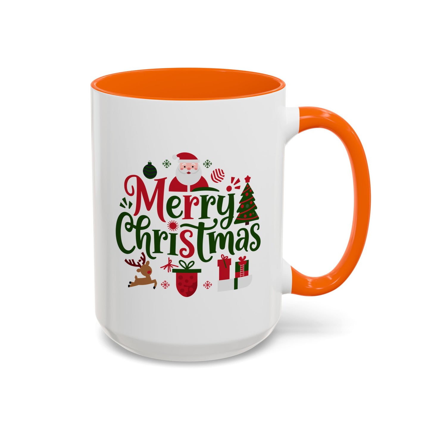 Christmas Mug - Merry Christmas Red & Green Text Santa Reindeer Tree Sleigh Ornaments