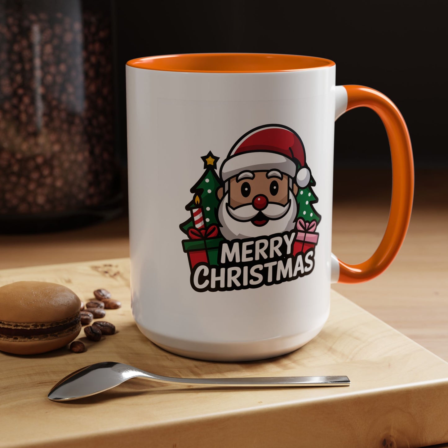 Christmas Mug - Merry Christmas White & Black Text Santa Trees Presents