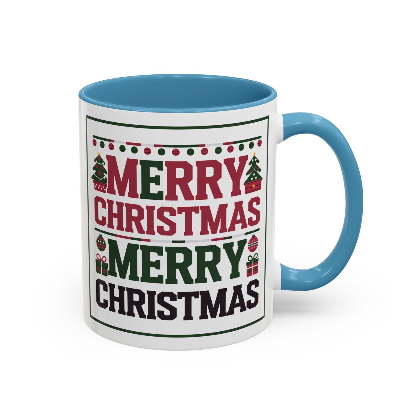 Christmas Mug - Merry Christmas Red Green & Black Text Trees Presents