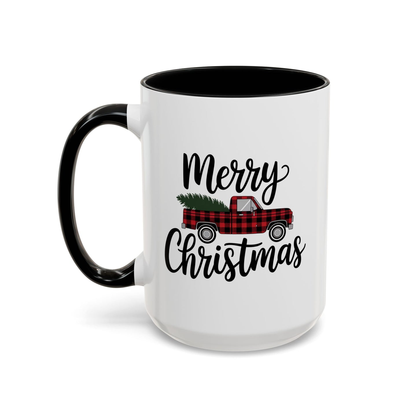 Christmas Mug - Merry Christmas Black Text Tartan Truck