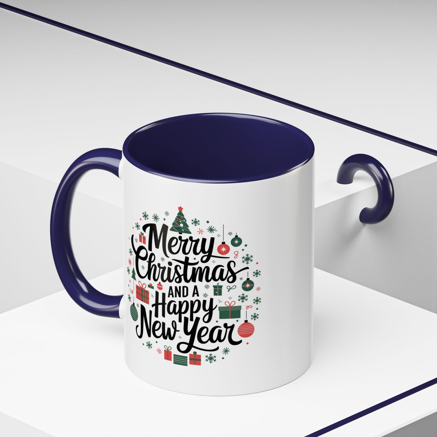Christmas Mug - Merry Christmas and a Happy New Year Black Text Tree Ornaments Presents