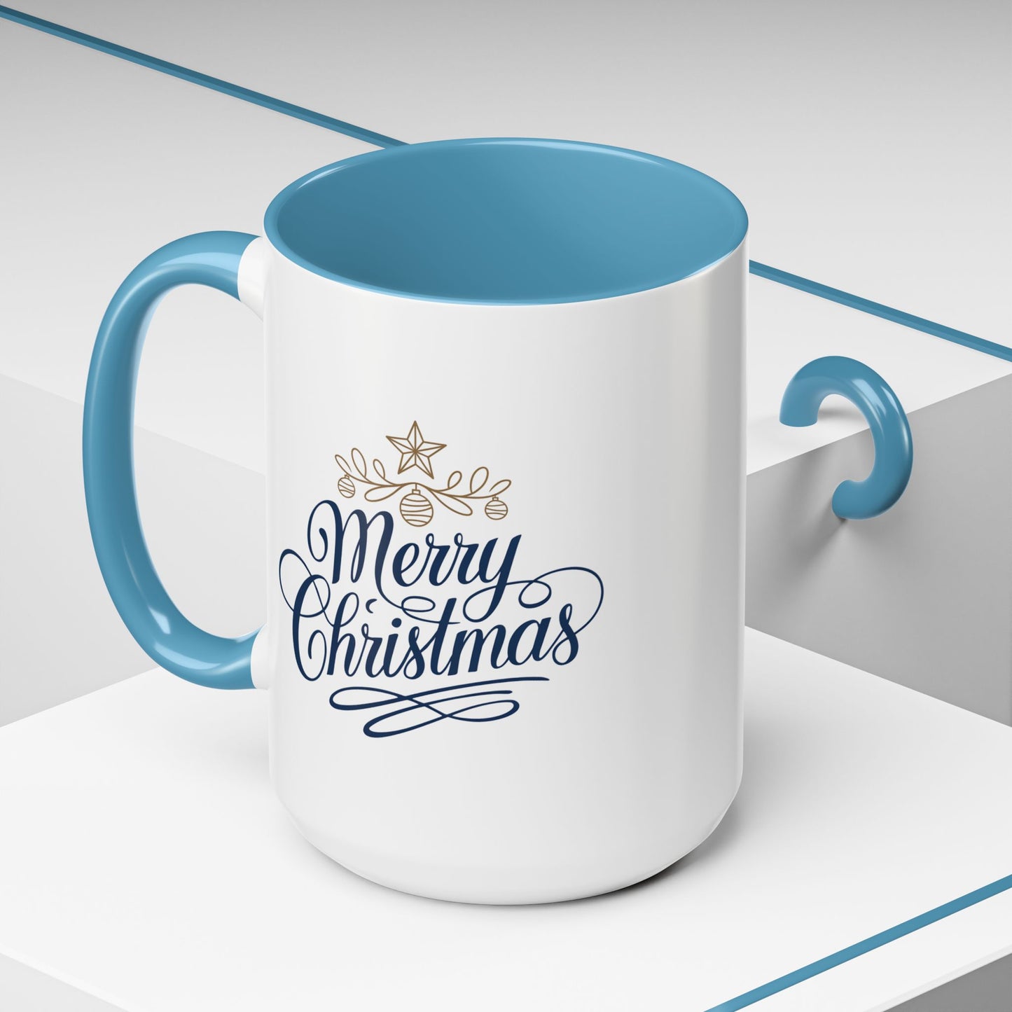 Christmas Mug - Merry Christmas Blue Text Gold Ornaments