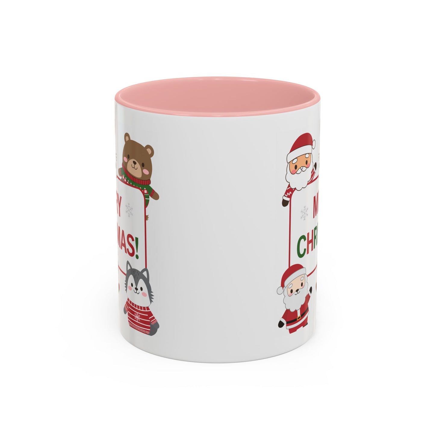 Christmas Mug - Merry Christmas Red & Green Text Santa Cute Animals